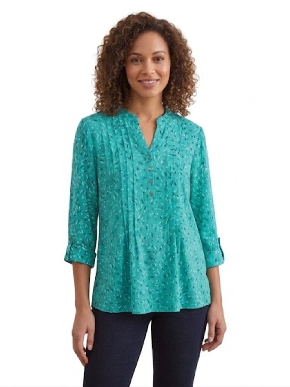 Juniper & Lime Abstract Print Pleated Blouse V-Neck Roll-Tab Sleeve Sz L